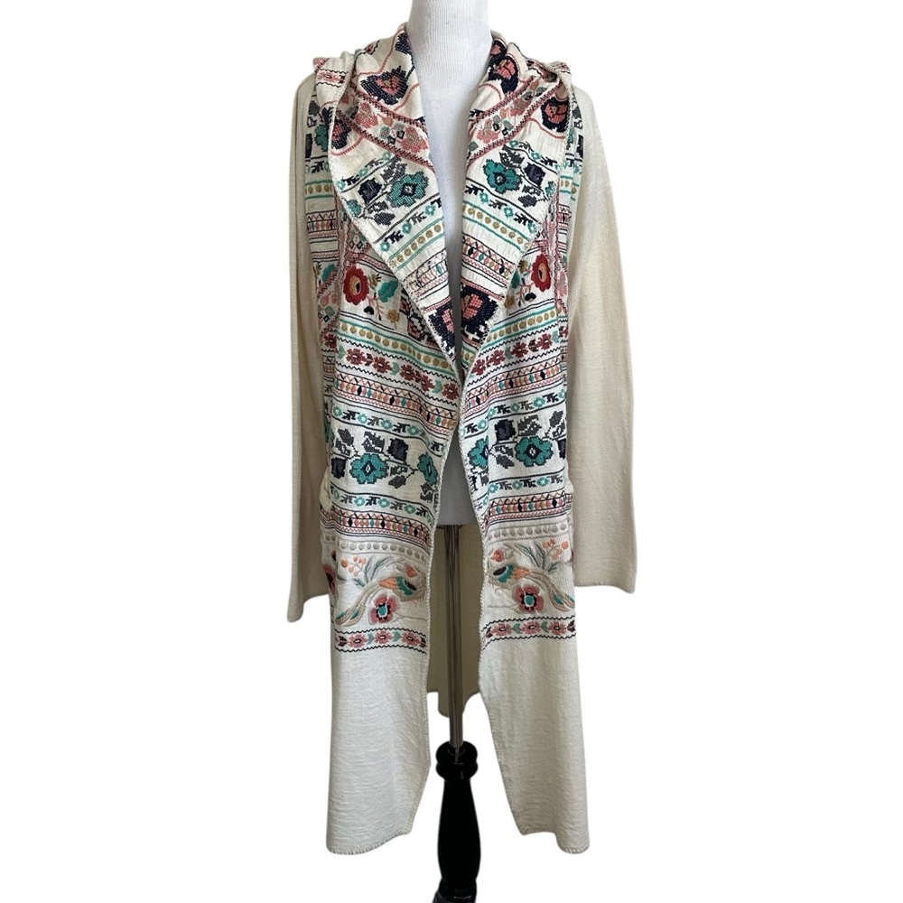 Biya Johnny Was Womens Hooded Embroidered Long Cardigan With Pockets Sz Small
